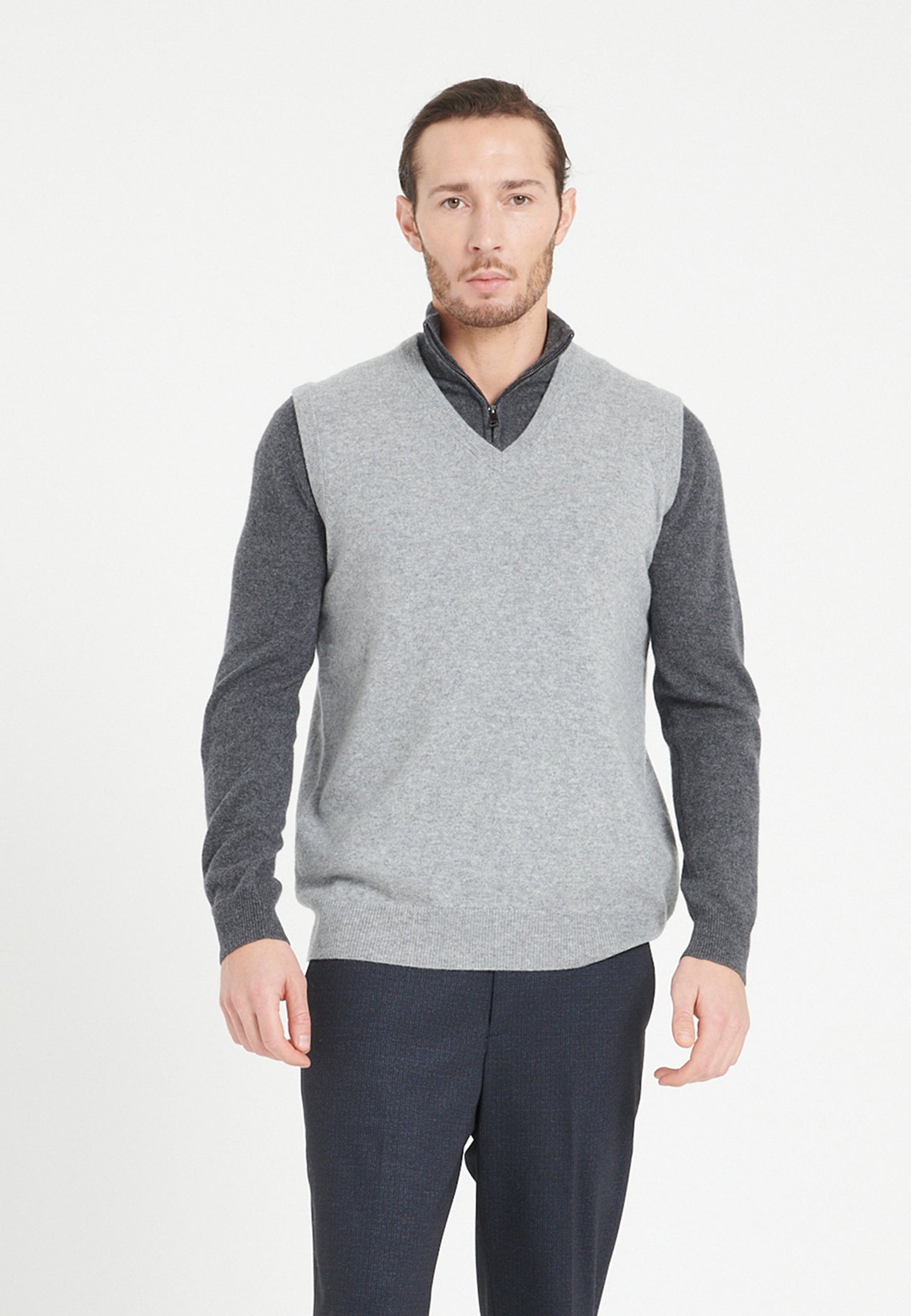 Pull col V sans manches homme en cachemire gris clair - LUKE 9